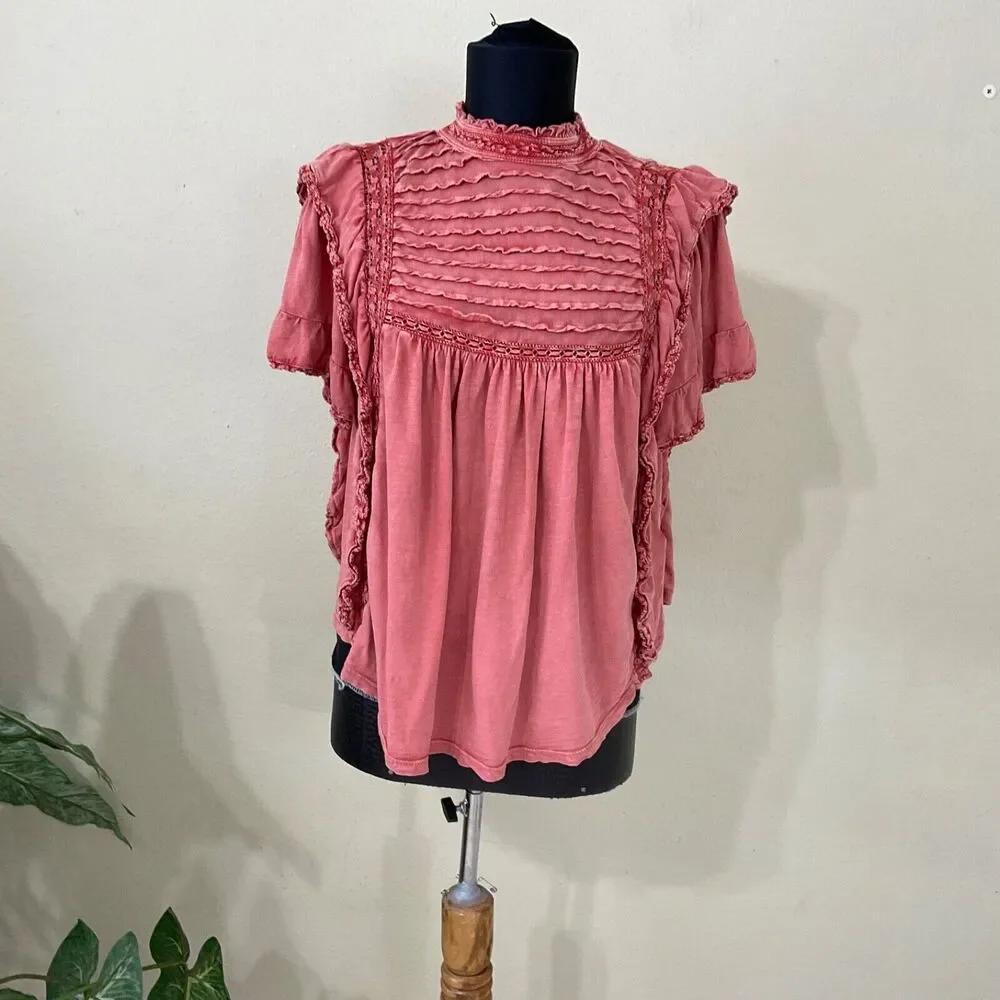 Free People Le Femme Top Babydoll XS Sun washed red ruffle BOHO Peasant blouse